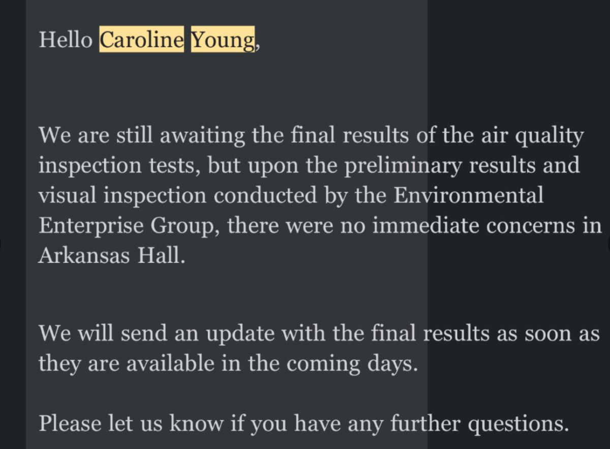 Caroline Young finds mold on the vent of their dorm. Housing and Residence Life sent an email to Young after she reported the mold.