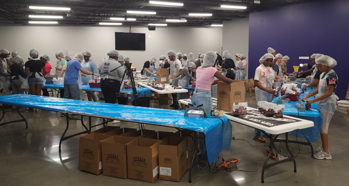 Volunteers pack meals with fortified rice and beans for the Bears Essential Food Pantry. SGA, the Rotaract International Club, the Honors Center Society and the Conway Morning Rotary Club hosted the food-packing event Sept. 26. 