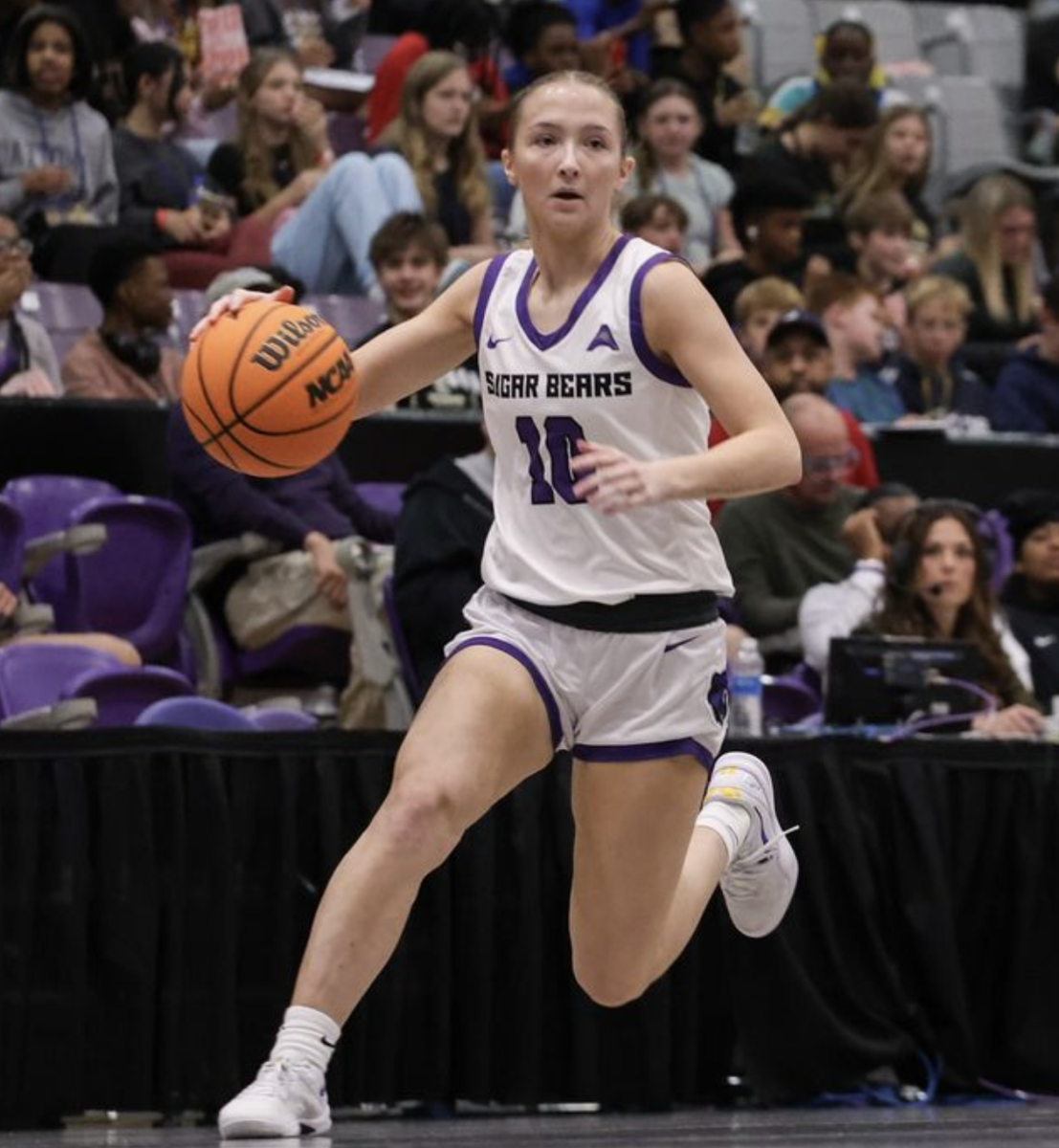 (Left) UCA freshman guard Jenna Cook drives the ball down court. (Right) Samford freshman guard Annie Ramil is guarded by Sugar Bears senior guard Kinley Fisher.