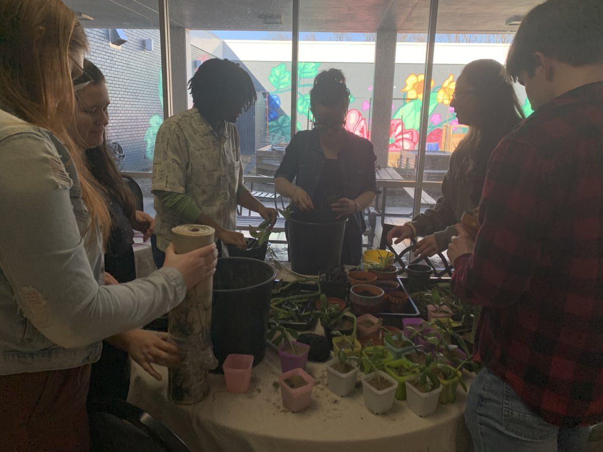 Participants gathering around a table to plant seeds for UCA gardens. The next GBC event is a plant sale, taking place Feb. 12 at the RonnieWilliams Student Center.
