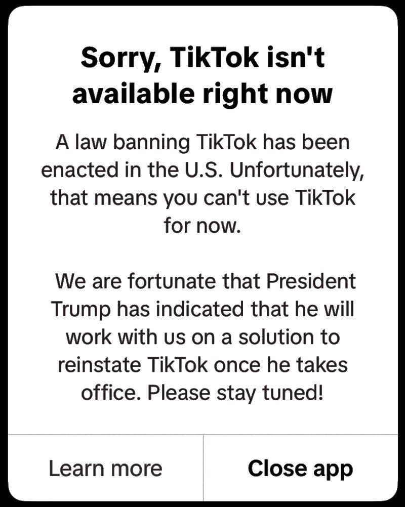 Tik Tok users were greeted with this message on Jan. 19. Any online users were immediately disconnected from their feed. 