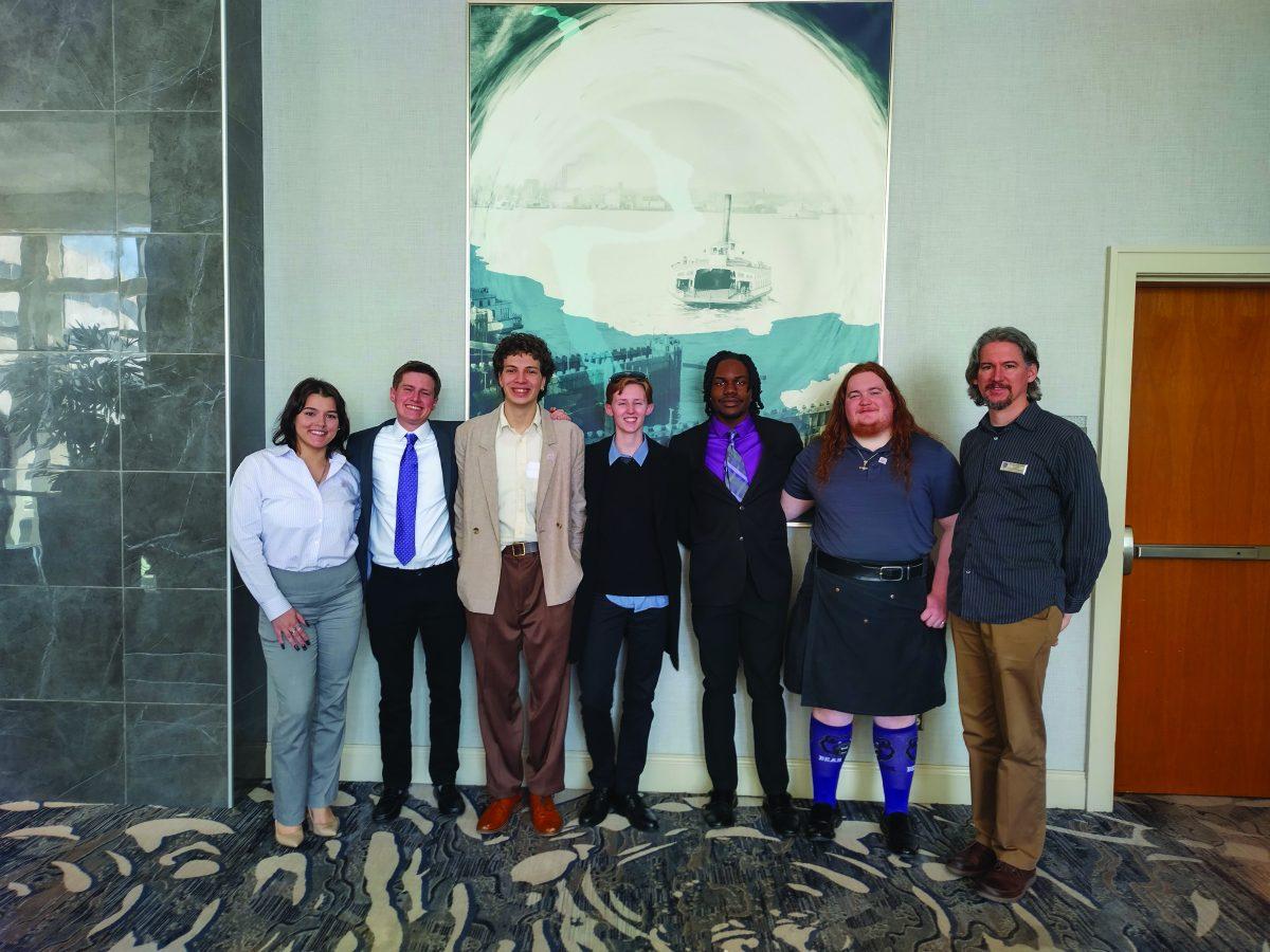 Ethics Bowl team poses for a picture at nationals. (Left to Right) Magen Parton, Samuel O’Connor, Keenan Smith, Jay Edwards and Richard Ware. 