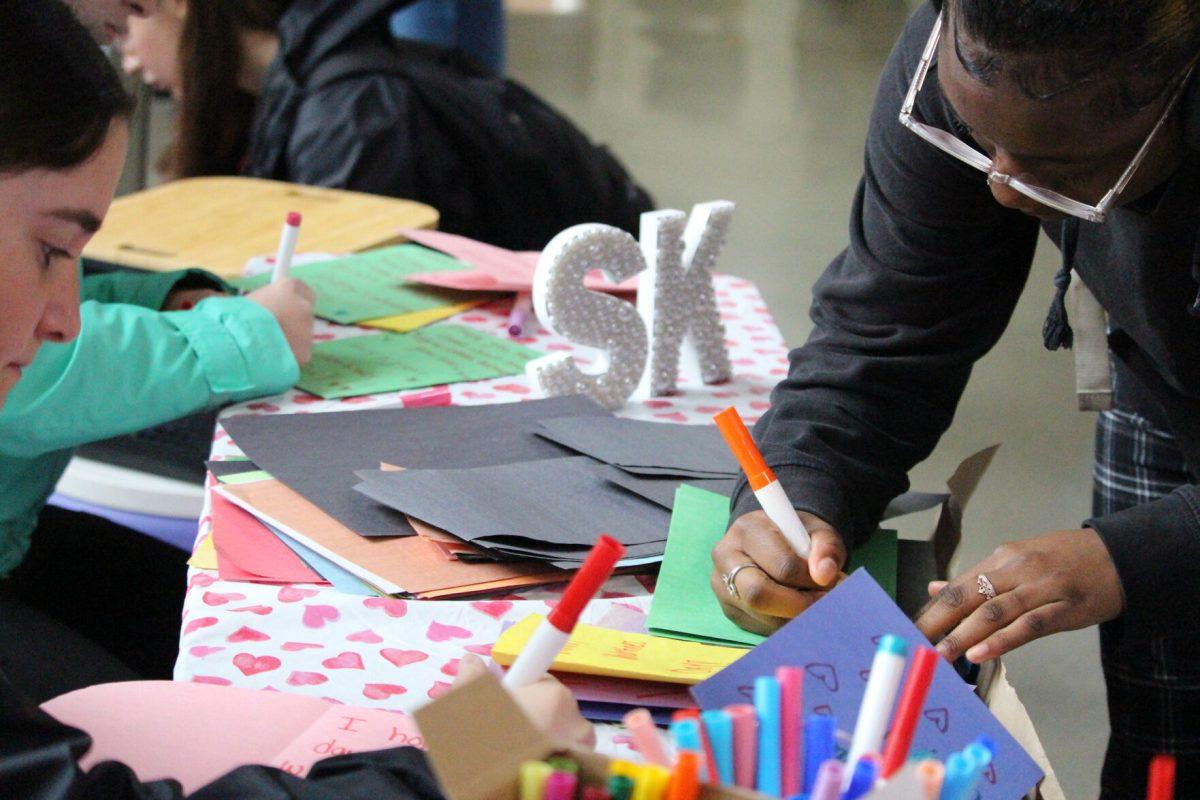 A group of students making Valentine's Day cards. This event was hosted by Sig K. 