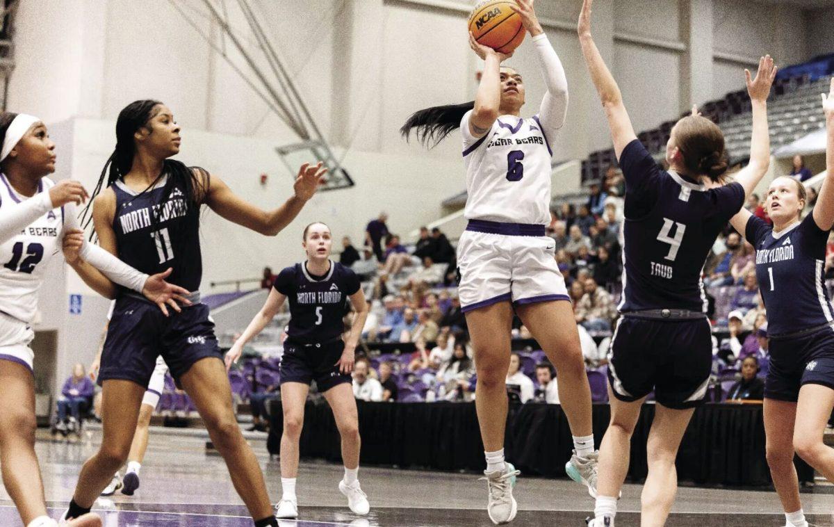 Senior guard Leah Mafua shoots for 2 points against the University of North Florida Ospreys. Mafua led the Sugar Bears with 21 points.