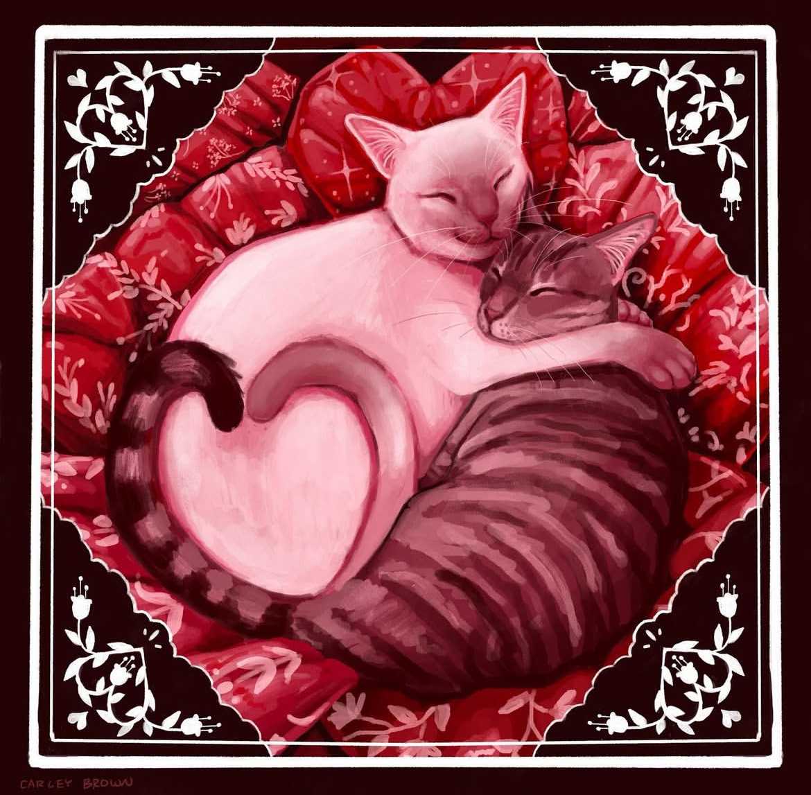 A painting done by artist Carley Brown of whimsical cats embracing.(photo courtesy of Carley Brown.) 
