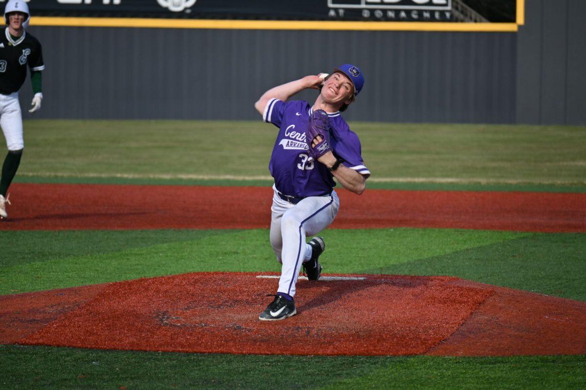 Lorence throws a pitch in the sixth inning of UCA’s Feb. 23 game against Eastern Michigan.