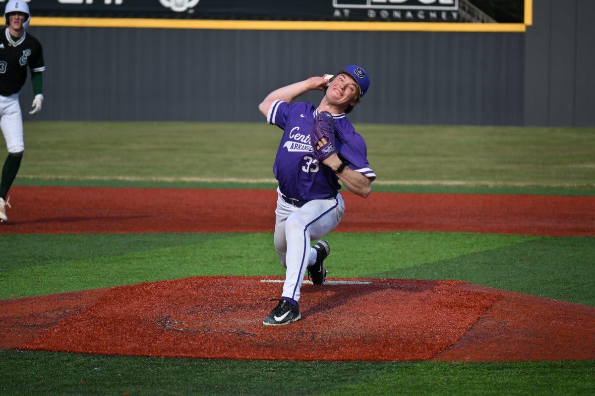 Lorence throws a pitch in the sixth inning of UCA’s Feb. 23 game against Eastern Michigan.