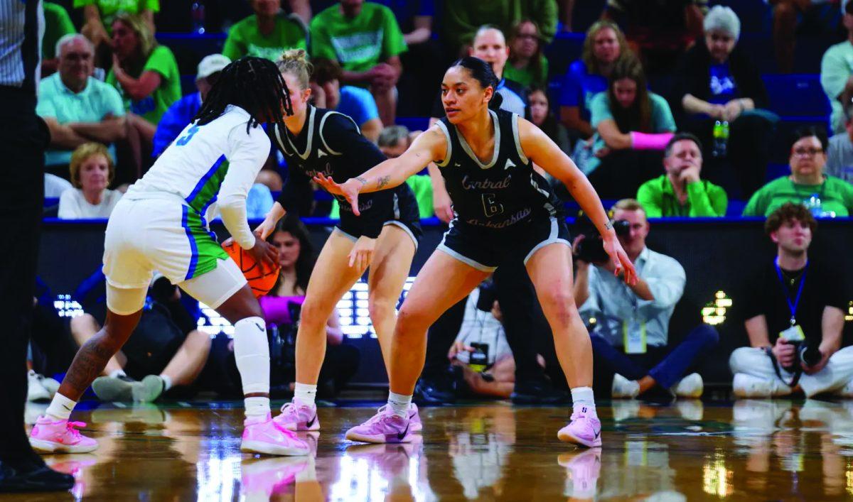 Senior guard Leah Mafua guards FGCU fifth-year shooter Alahna Paige at the ASUN Championships final March 15. Mafua led the Sugar Bears in with 17 points and had four rebounds against the Eagles, who won their ninth consecutive ASUN title. 
