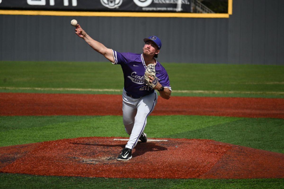 Senior right-handed pitcher Perry Titlow throws a pitch in the seventh inning of the final game of UCA's three-game series against Evansville. Titlow threw a total of eight pitches in March 9's game.