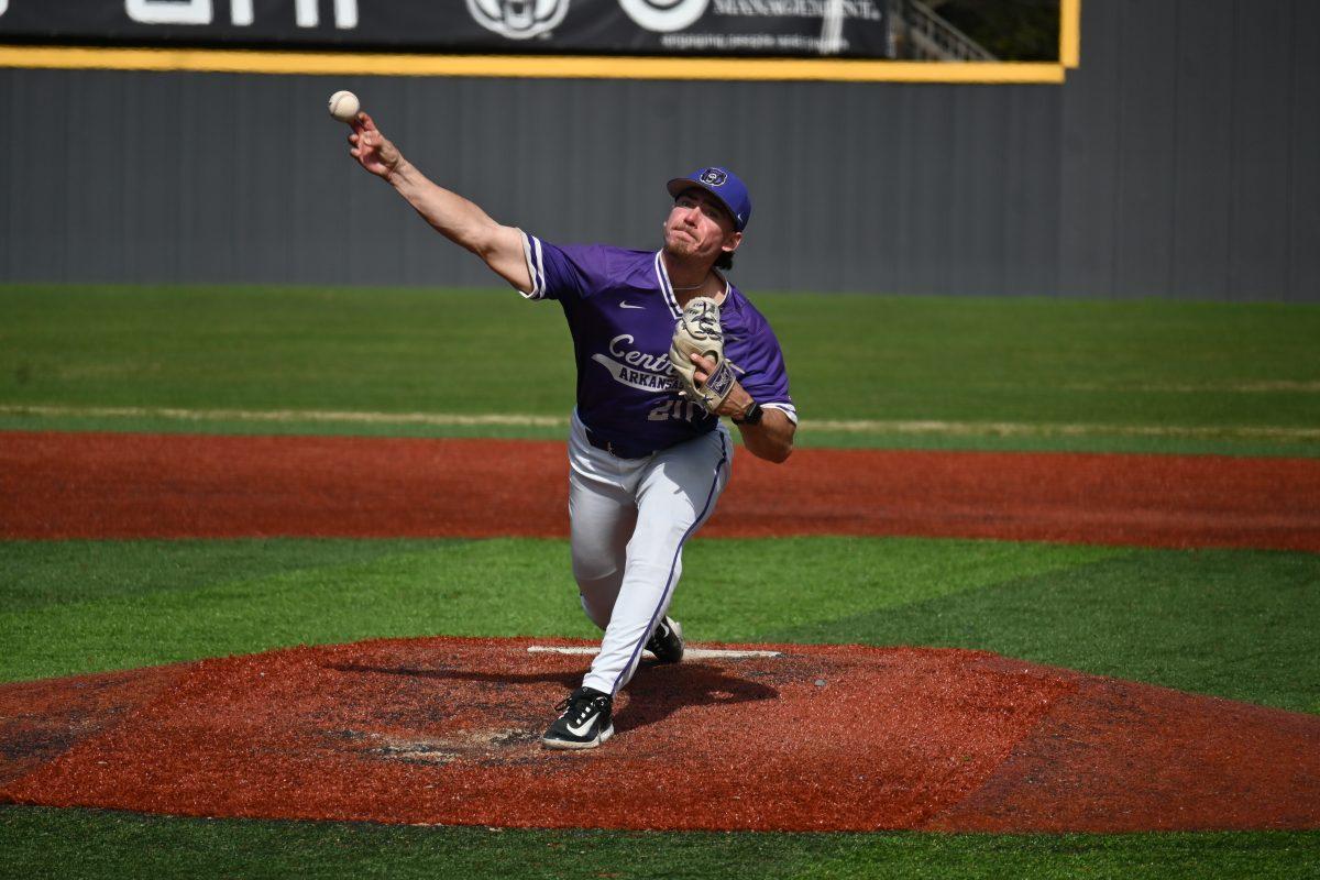 Senior right-handed pitcher Perry Titlow throws a pitch in the seventh inning of the final game of UCA's three-game series against Evansville. Titlow threw a total of eight pitches in March 9's game.