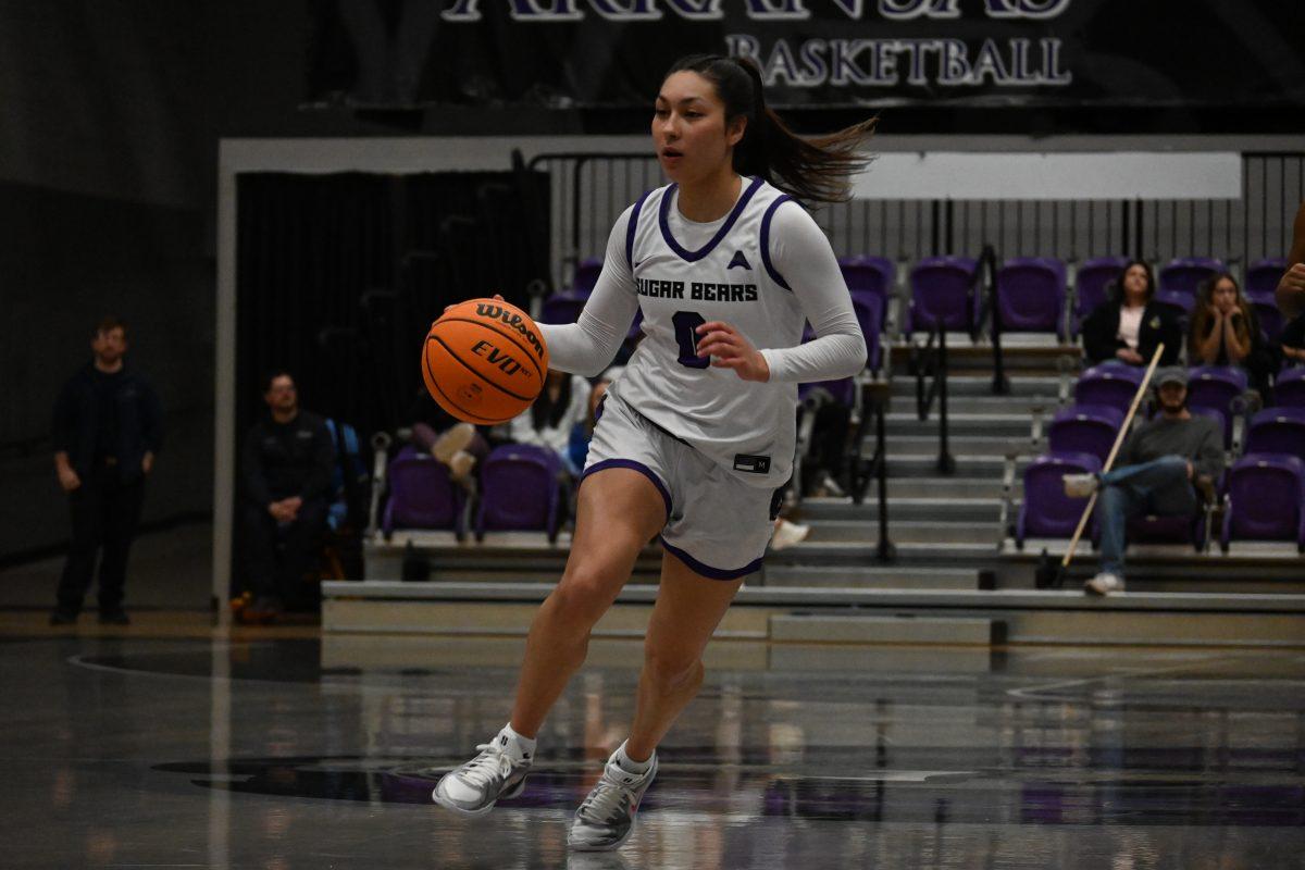 Senior guard Jade Upshaw dribbles the ball down the court in UCA's ASUN quarter-final game against Bellarmine. She has scored 844 points for the Sugar Bears throughout her two-year career at UCA.