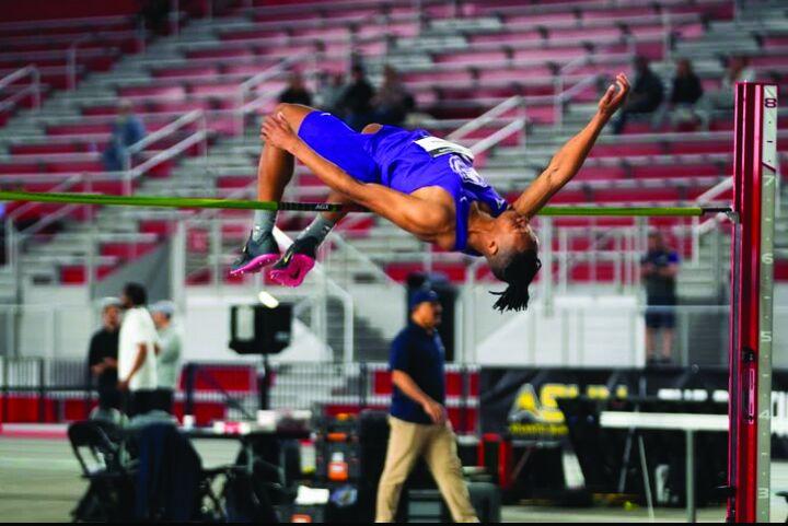 Freshman high jumper/sprinter Jeremiah Boudreaux competes in the high jump at the ASUN Indoor Championship. Boudreaux jumped 2.01m to win the event.