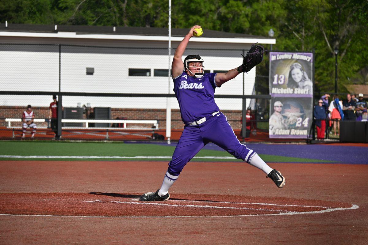 Freshman pitcher Lucy Crowder pitches the ball during the top of the third inning. Crowder has pitched for 31.2 innings in her debut season with the Bears. 