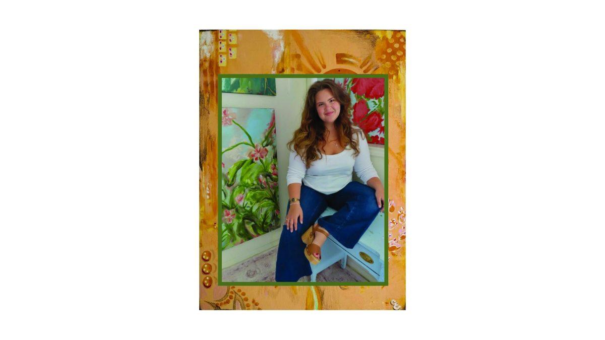 Artist Chloe Emmerling is seen surrounded by her art in her studio. Emmerling's photo is layered in front of a piece of her own piece showcasing her use of color. (photo courtesy of  @emmerlingart)