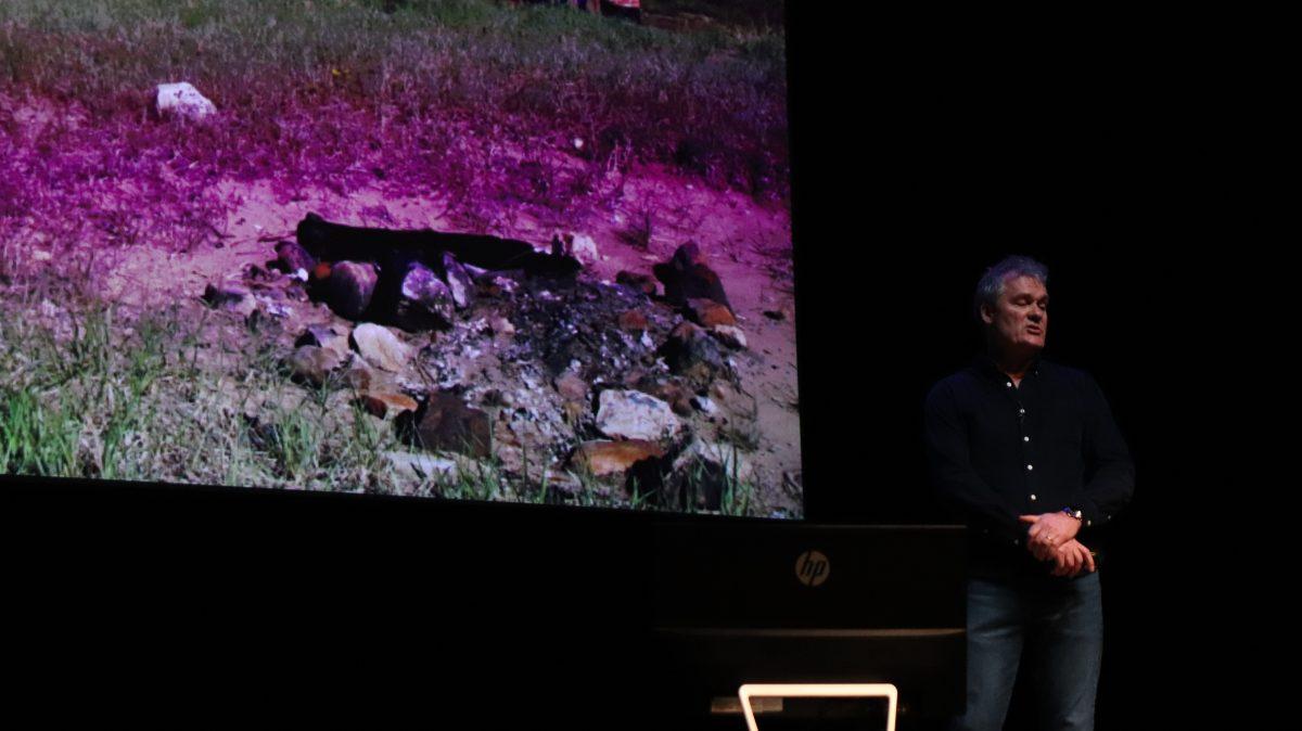 Huw Cordley gives a speech at Reynolds Performance Hall. During hisspeech, he discussed his documentaries.