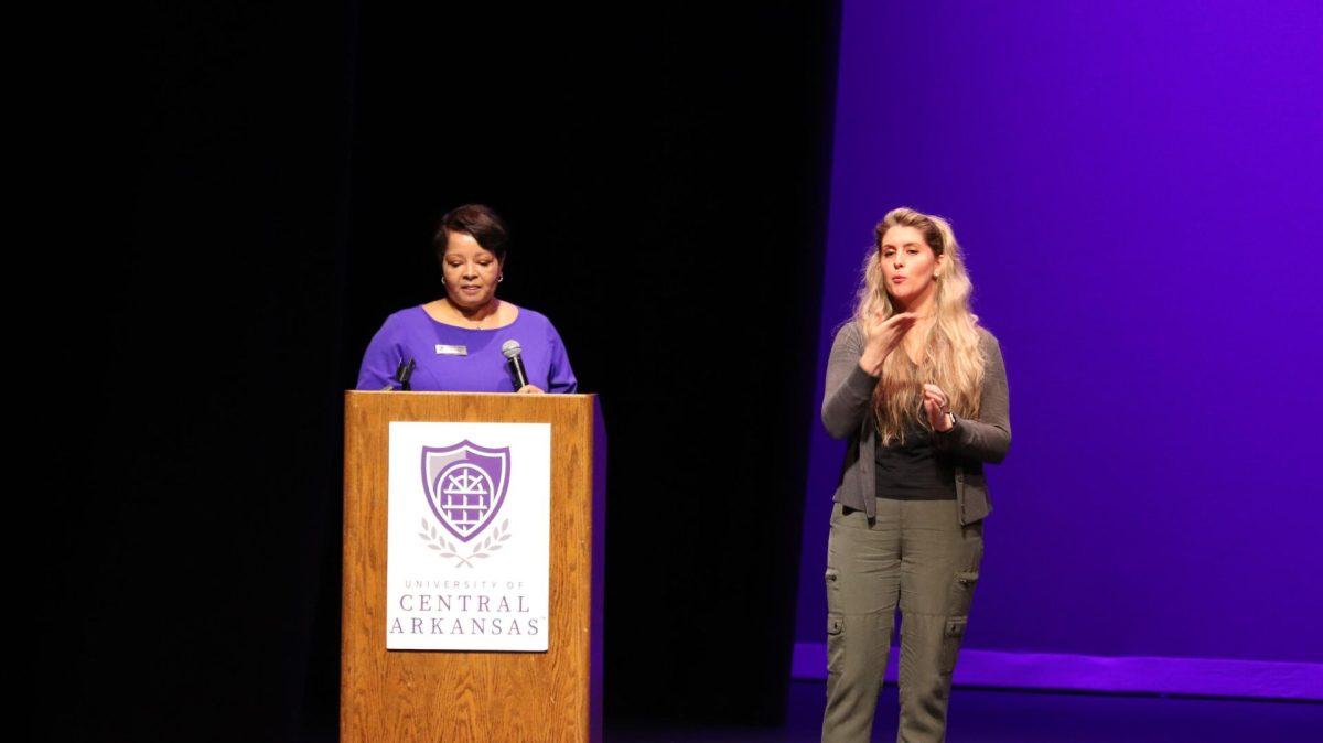 Assistant vice president for student affairs and guest speaker at Reynolds Hall Wendy Holbrook speaks at "How to be a Bear." The presentation included information about disability accommodations, international programs and UCA's commitment to inclusivity. 