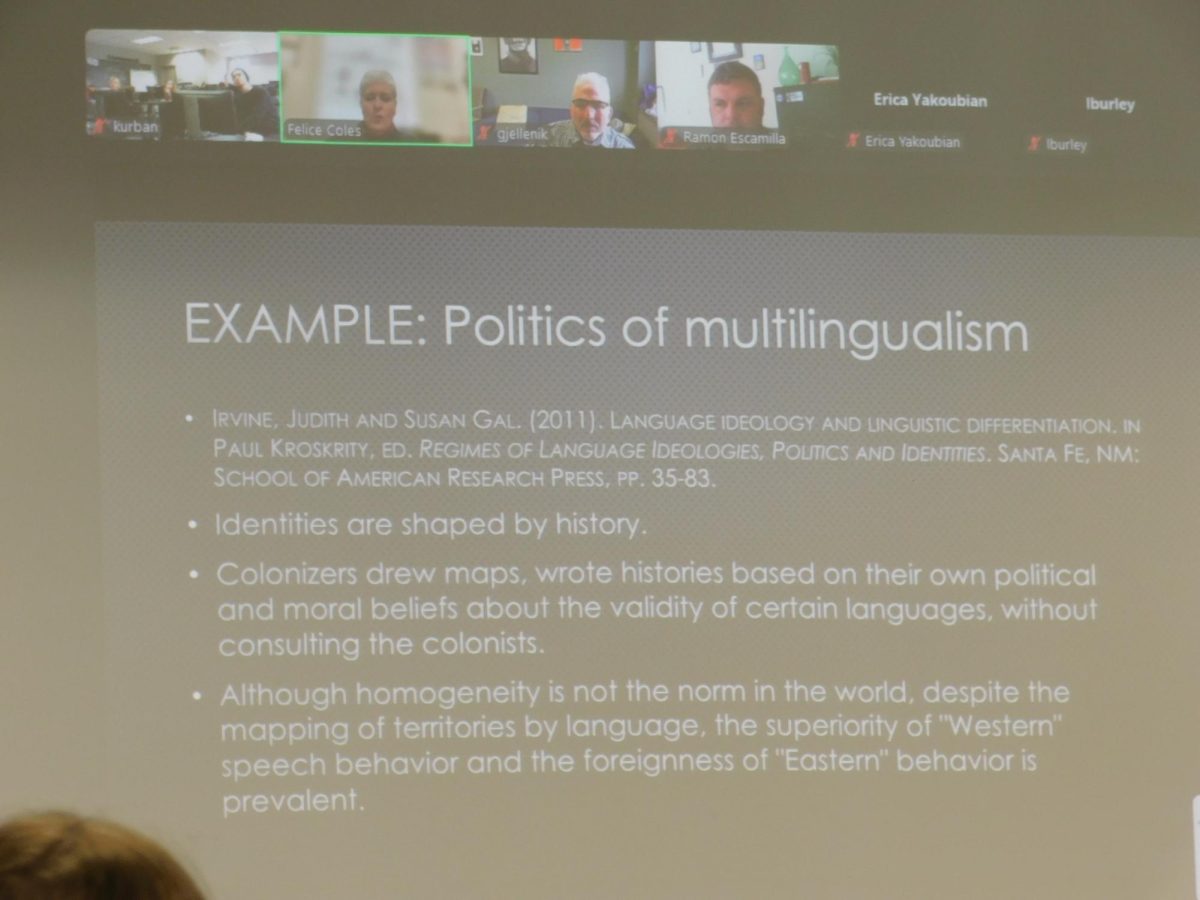 University of Mississippi Professor of Modern Languages Felice Coles speaks about the politics of multilingualism with the UCA Linguistics Society Feb. 24. Coles discussed general linguistics topics in this presentation. 